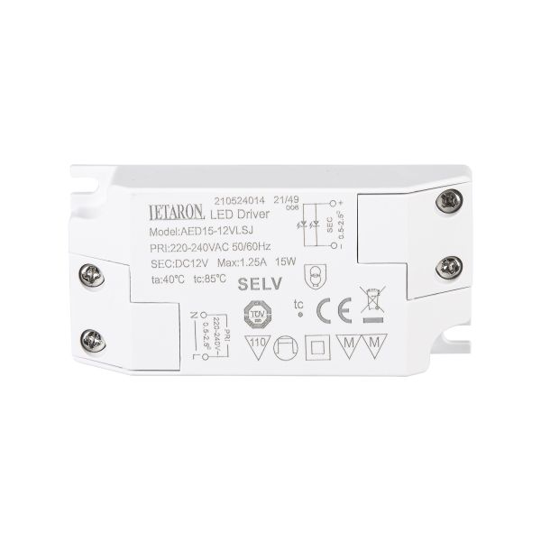 LETARON IP20 15W 12V Constant Voltage LED Driver with Class II Protection for Indoor LED Lights