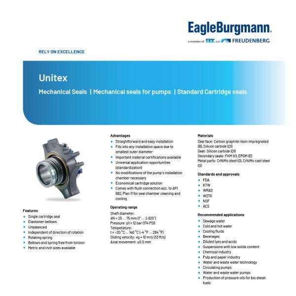 Unitex EagleBurgmann Mechanical Seal 12bar Single Cartridge Elastomer Mechanical Seal