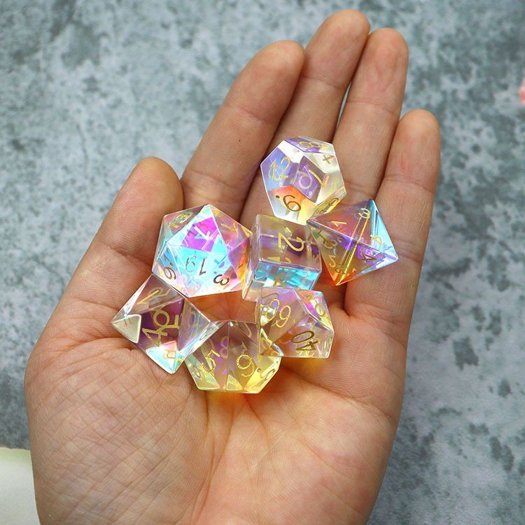 Natural Clear Quartz Crystal Polyhedral Dice Set with AB Rainbow Coating and Silver Ink Engraved Numbers for DND and RPG Games