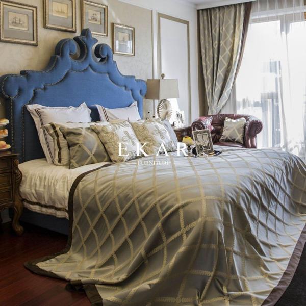 Classic Wooden Bed Models Blue Upholstered Special Headboard King Size Bed