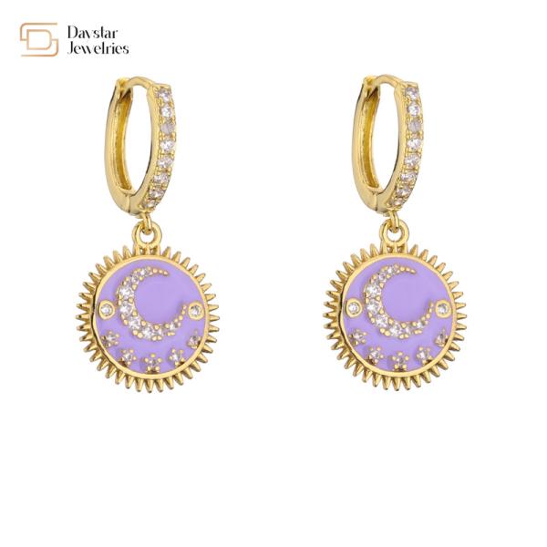 Moon And Star 24k Gold Plated Jewelry Round Dangle Drop Earrings