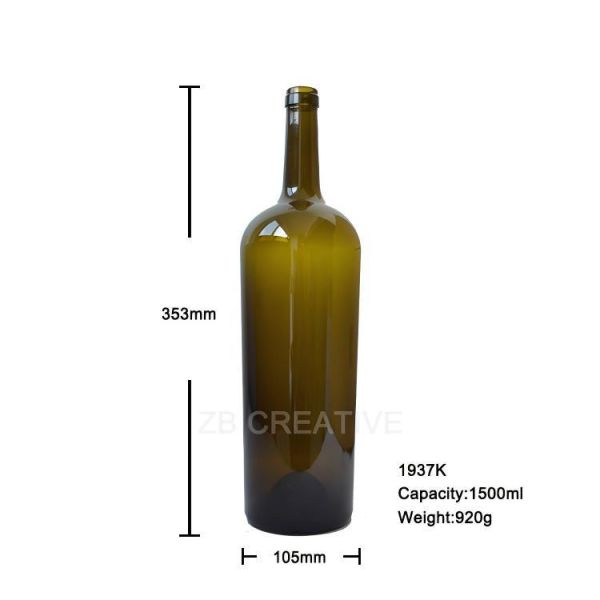 1500ml Tapered Magnum Green Bordeaux Wine Bottles Cork Finish For Grand Reserve 920g 1937K-2A
