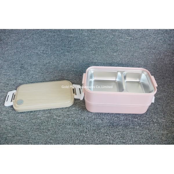 201 Stainless Steel Plastic Bento Lunch Box With 2 Compartment Wooden Style