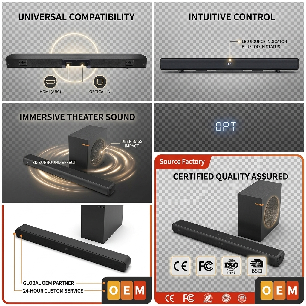 Wireless Soundbar Speaker ASW150-2.1UR 100W Subwoofer Round FM Surround Sound ARC HDMI