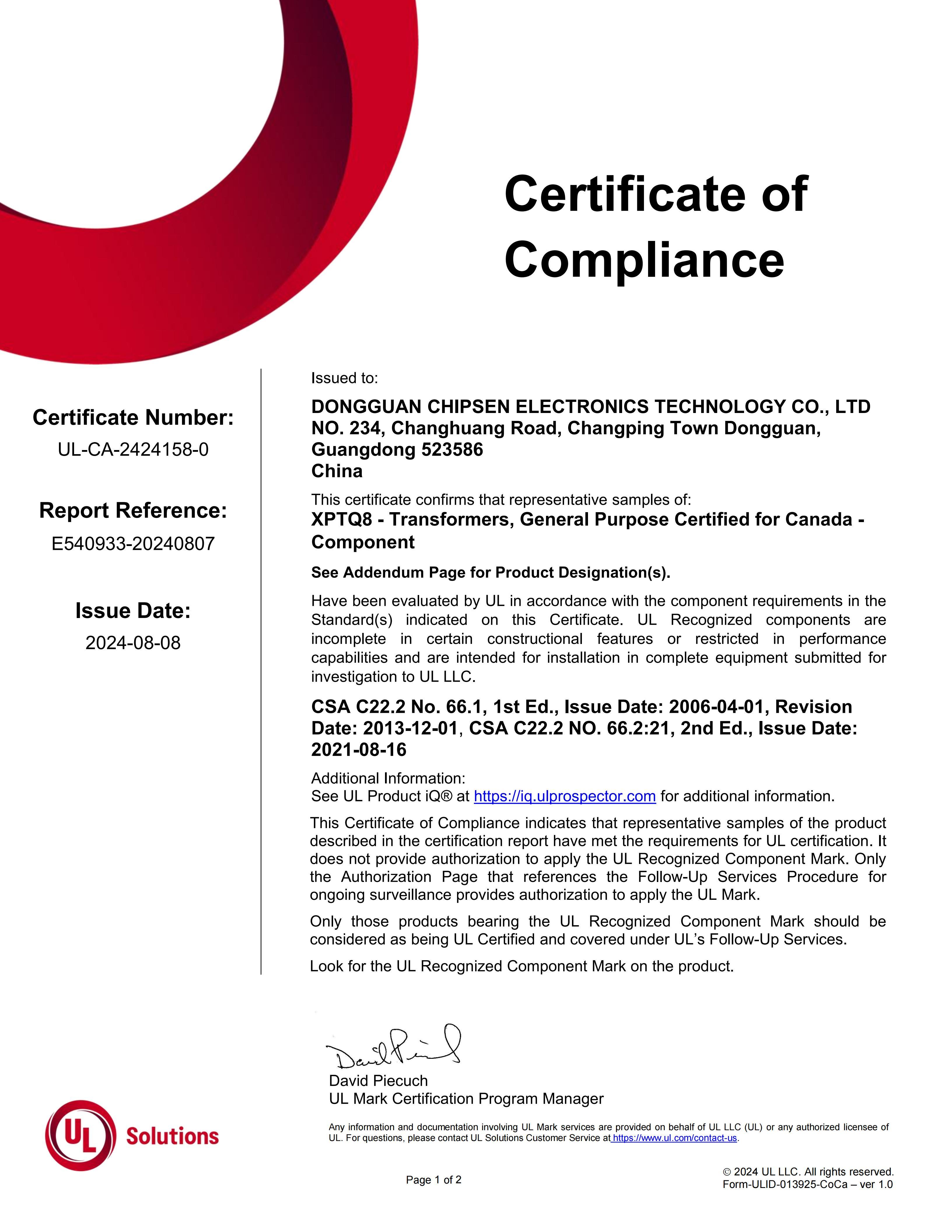 Dongguan Chipsen Electronics Technology Co., Ltd. Certifications