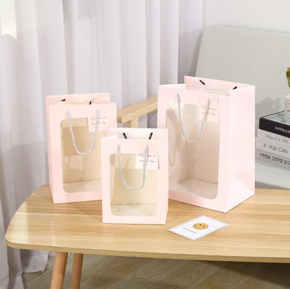 ISO9001 230gsm Cardboard Gift Bags With Clear Window Rectangle Shape