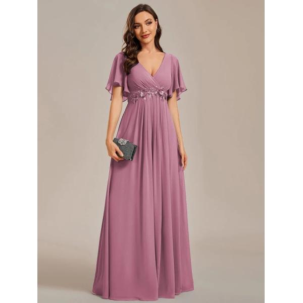 Charming Empire Applique A-line Short Flutter Sleeves V-neck Invisible Zipper Mint Green Chiffon Evening Dress