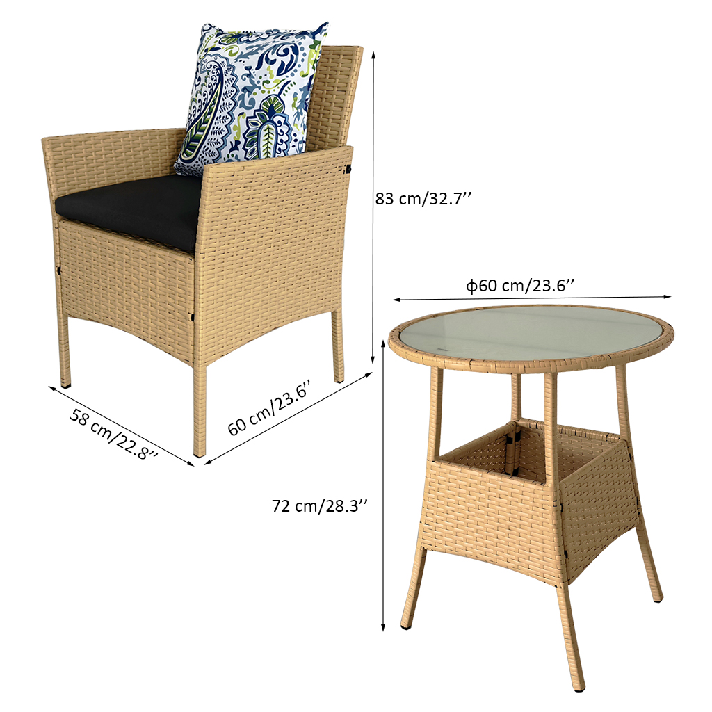 Wholesale 3 Piece Set with Cushions Poly Rattan Fresco Dining or Lounging in the Garden Small Size Table and Chairs
