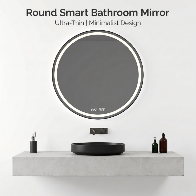 Kingstin Round Smart LED Mirror, Ultra-Thin Aluminum Frameless, Anti-Fog Vanity Mirror with Bluetooth, Time, 3-Color Dimmable