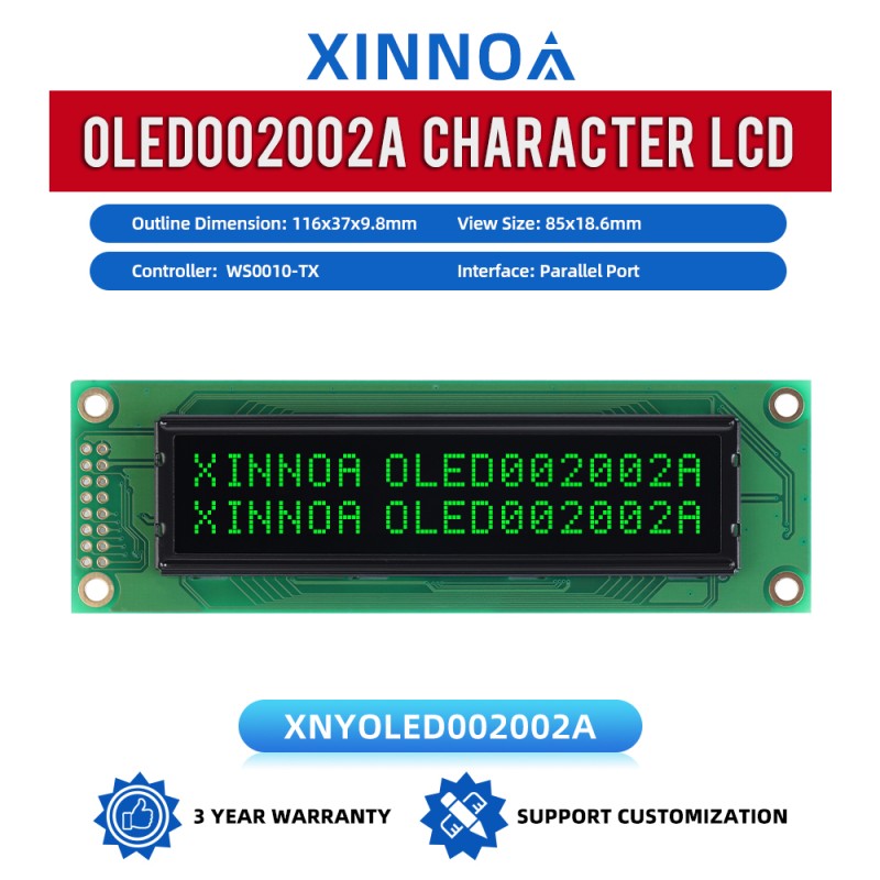 OLED002002A Character LCD Module, Black Film, Parallel Interface, 85x18.6mm View Size,  WS0010-TX Controller