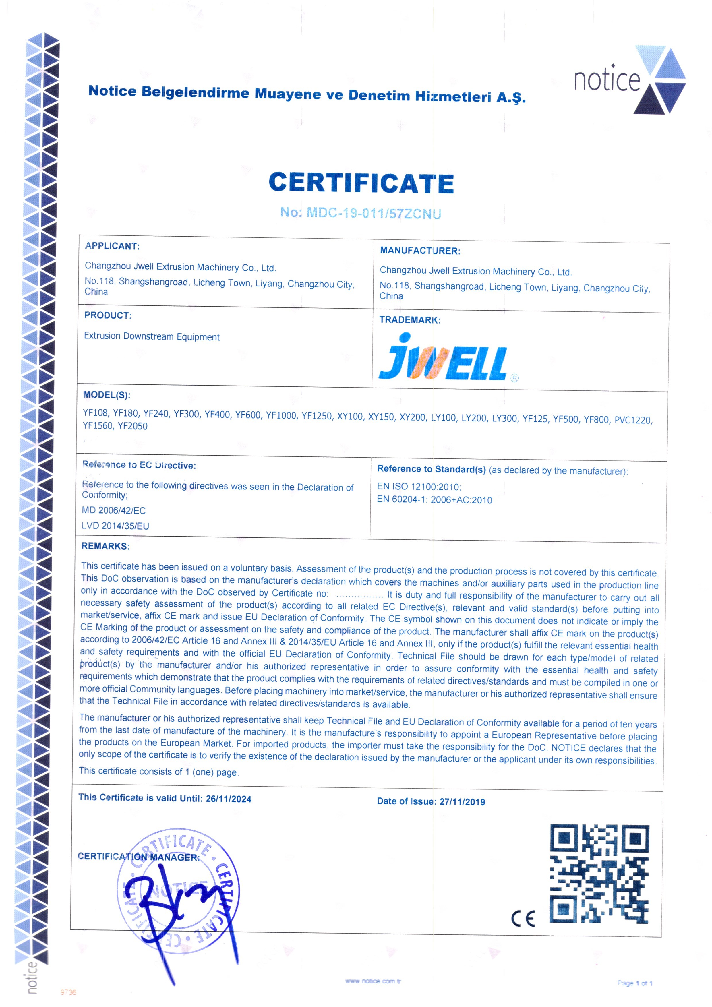 Changzhou JWELL Pipe Equipment Technology Co.,Ltd Сертификации