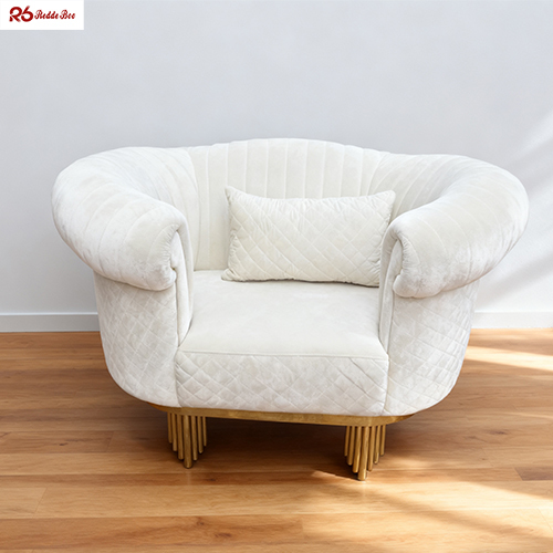 Cushioned Linen Fabric Sofa White Velvet Settee With Radiating Legs Furniture