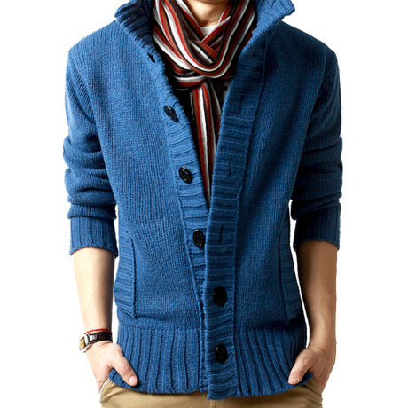 Autumn Winter Men's Stand Collar Sweater with Thick Needle and Single Breasted Buckle