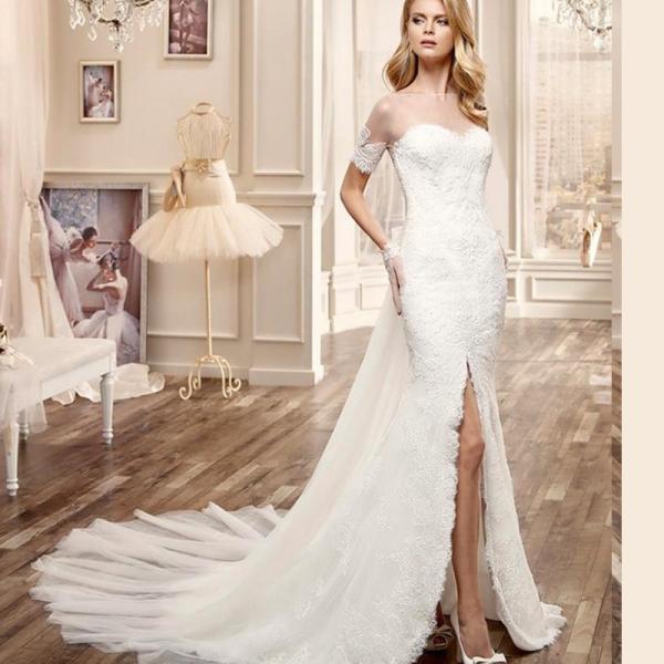 New Arrival Romantic White Mermaid Wedding Dresses Perspective Lace Slim Waist Dress
