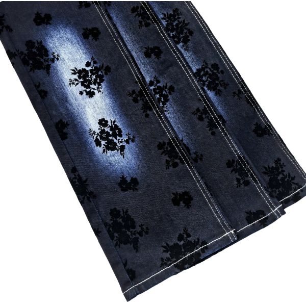Black Rose Flocked Denim Fabric Twill Style Stretch For Lady Jeans Or Jacket