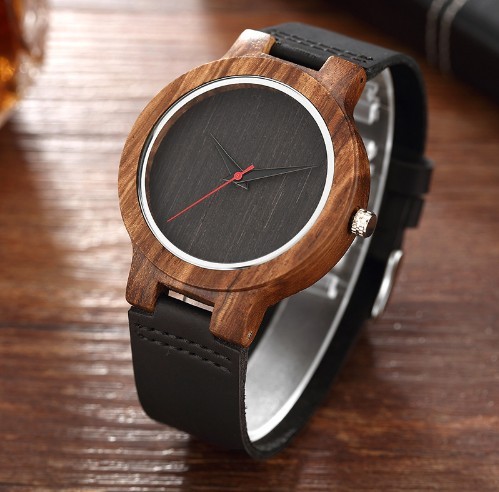 Дозор кварца простой шкалы деревянный с кожаным диапазоном и батареей 2 год