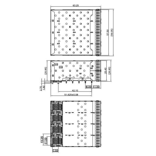 2 * 4 Cage Silvery SFP Fiber Connector , SFP Port Connector Thickness 0.25mm