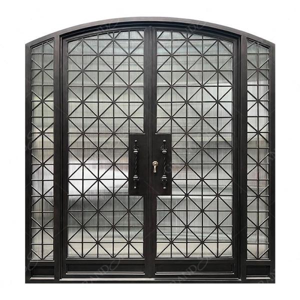 American Style Luxury Front Entry Reed Glass Black Hand Crafted Iron Doors Entrance Wrought