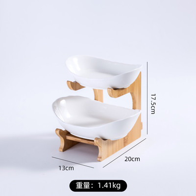 White Green 2 3 Tier Ceramic Fruit Bowl With Bamboo Wood Stand For Kitchen Counter