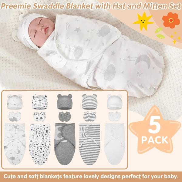 5-Pack Cotton Preemie Swaddle Set with Hat & Mittens 24x18.5 inches