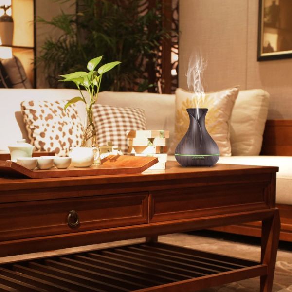 Classic 400ml Wood Grain Vase Flower Aromatherapy Essential Oil Diffuser With 7 Color LED Lights for Home,Bedroom