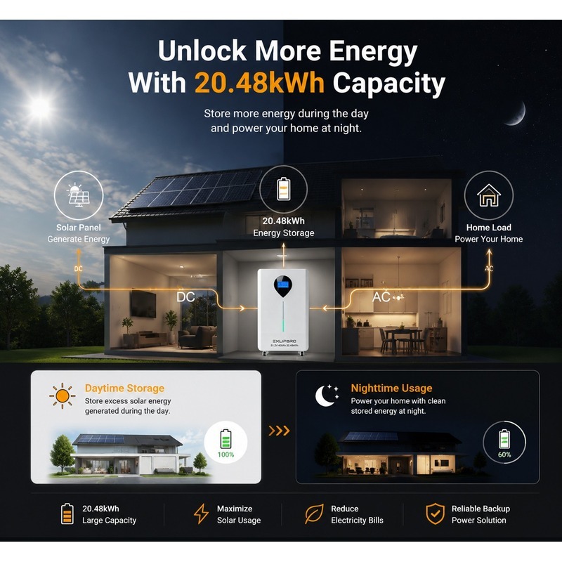 EXLIPORC 20.48kWh 51.2V 400Ah LiFePO4 Home Battery (LVB20WTC) - Upgrade to 25% More Energy
