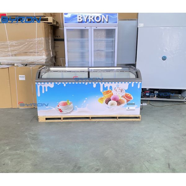 Curved Glass Sliding Door Island Freezer Commercial Deep Frozen Display Freezer
