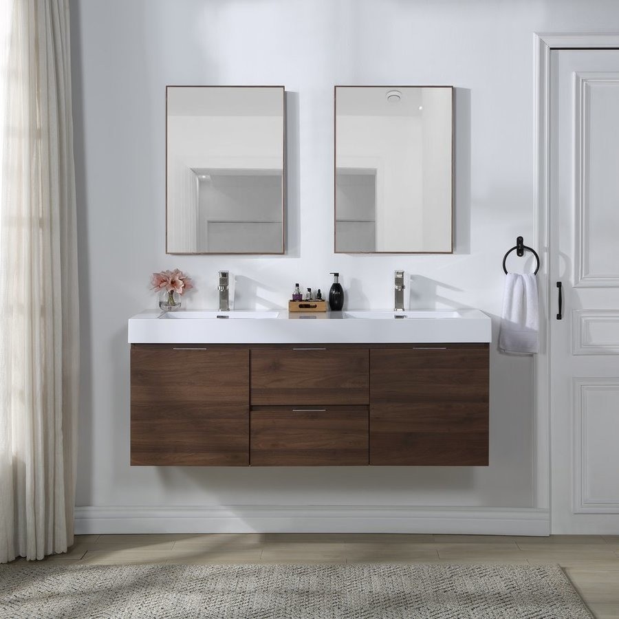 Simple Wood Grain Bathroom Vanity with Wall Mounted Double Sink and Basin Included