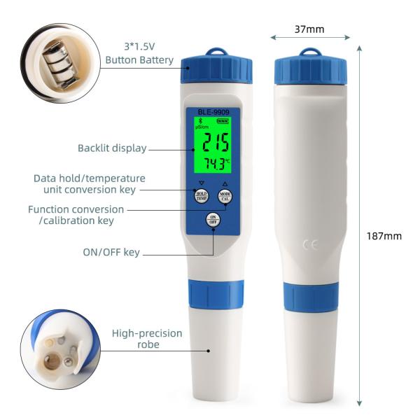 Smart 5 - In - 1 Bluetooth Water Quality Tester PH/TDS/EC/Salt/Temp Meter For Home Aquaculture Hydroponics