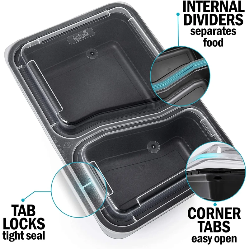 2 Compartment BPA Free Lunch Boxes Rectangular Meal Prep Containers for Food Storage