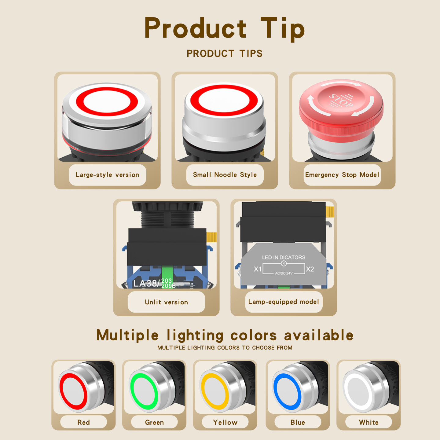 LA38 emergency stop button switch with light, self-locking and self-reset, ring light, 10A high-current power emergency stop button