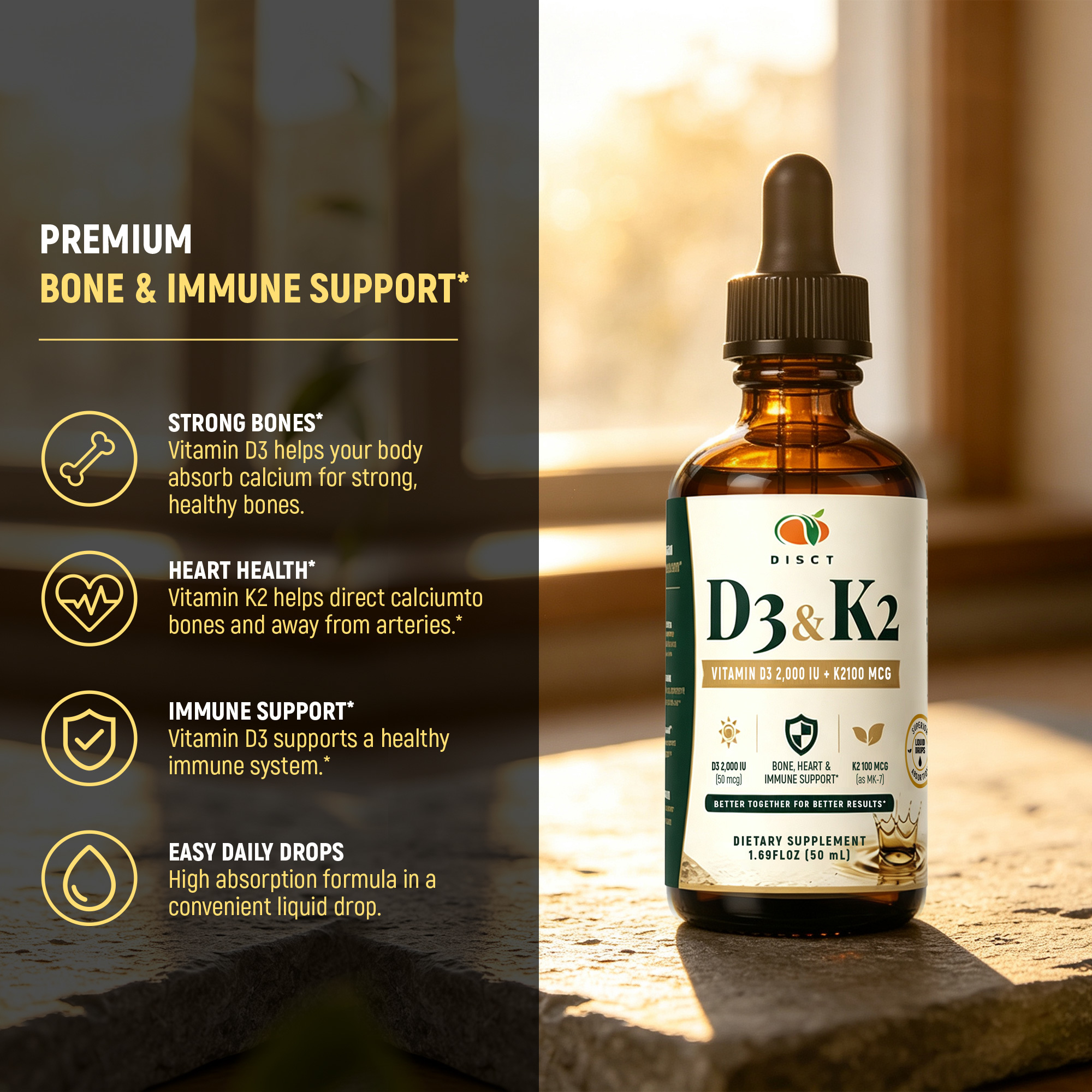 Wholesale 10000 IU Vitamin D3 + K2 Liquid Drops with Organic MCT Carrier Oil - Private Label Ready