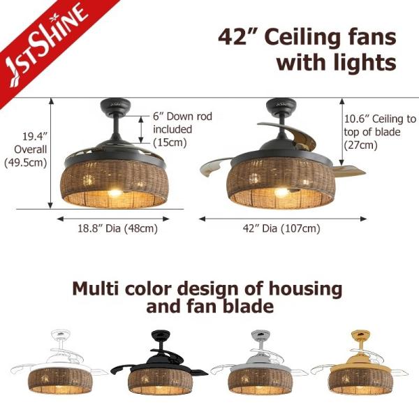 Smart Control Design Rústico Ventilador de Tecto de Rattan com Lâmina Retrátil e Kit de Luz