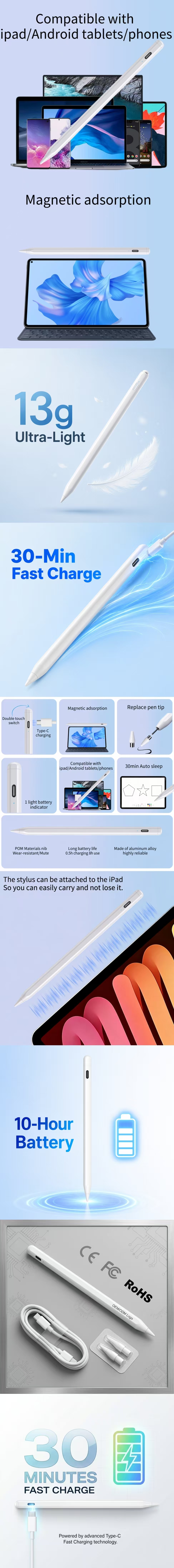 30 Mins Ultra Fast Charging Stylus Pen T1 Universal Capacitive Pencil for All Touch Screens iOS Android Windows 10H Battery