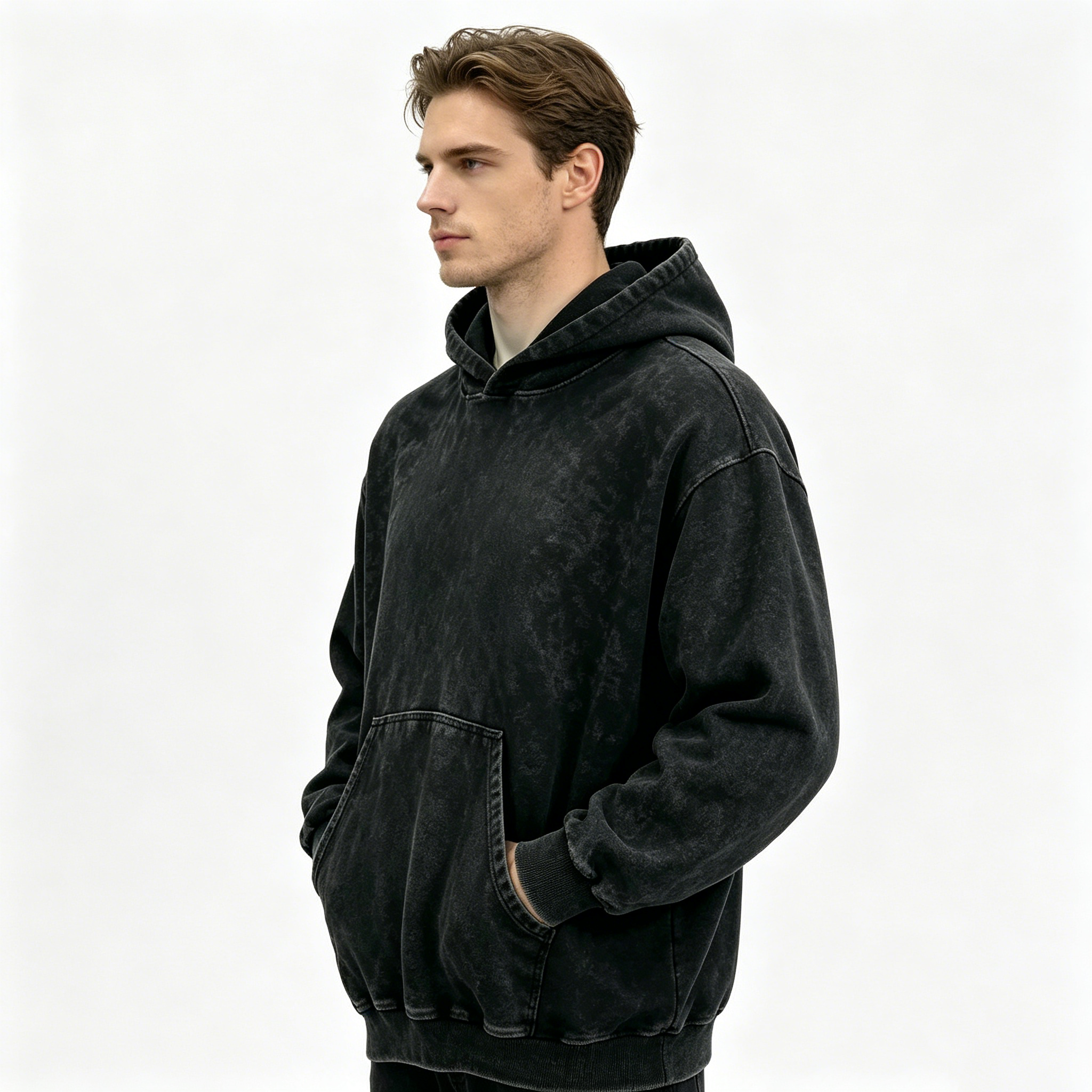 Oversized Stone Wash Hoodies Long Sleeve Snow Wash Hoodie Black