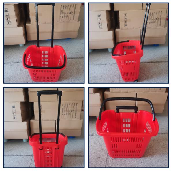 Aluminum Telescopic Handle Plastic Grocery Hand Basket With 2 Wheels