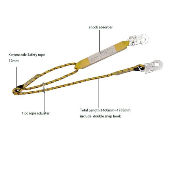 1460 To 1988mm Adjustable Safety Lanyard with Kernmantle Rope and Yellow Energy Absorber for Fall Arrest
