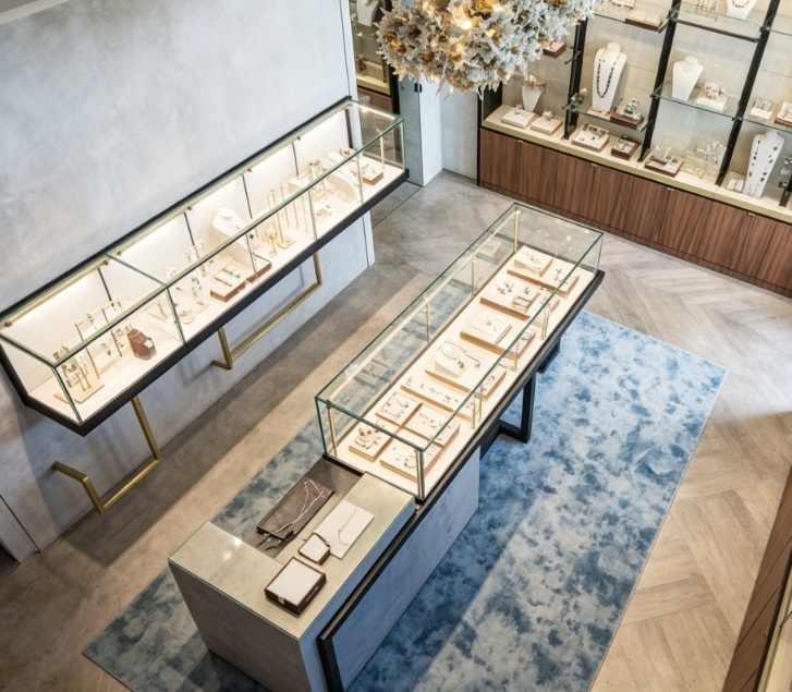 Industrial Chic Concrete Walnut Wood LED Eco-Friendly Jewelry Store Interior Design Complete Turnkey Fixture Package Minimalist