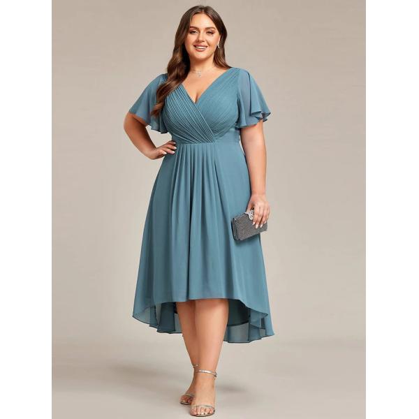 Chic V-neck High-low Short Flutter Sleeves A-line Ruffles Midi Invisible Zipper