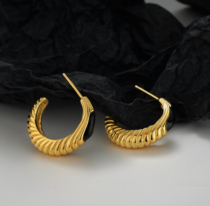 Arc Shaped Hoop Earrings, Enamel Craft Ear Stud ,Twist Design Gold Finished Jewelry