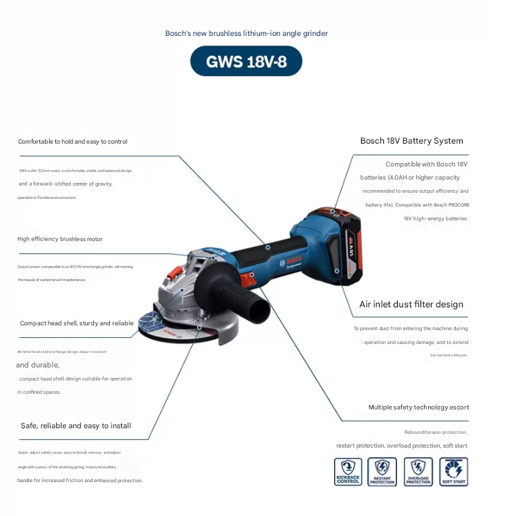18V Brushless Cordless Angle Grinder GWS 18V‑8 100mm 11000RPM M10 Thread Power Cutting Grinding Tool