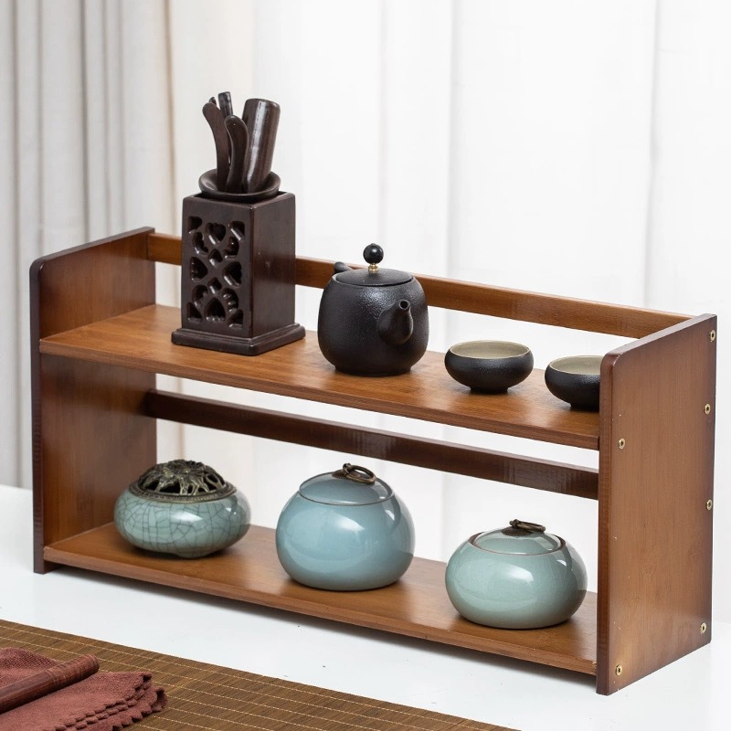 Custom Size Antique Double-Layer Solid Wood Book Kitchen Storage Rack Cup Holder for Tea Coffee Cups Dinnerware