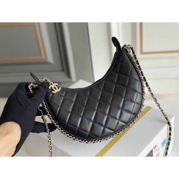 Black Chain Mini Sling Bag Branded Chanel Hobo Handbag Calfskin Leather