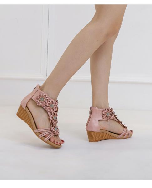 BS167 Fashion Sandals Women'S European And American Rhinestone Cross Strap Back Zipper Wedge Heel Mid-Heel Women'S Shoes