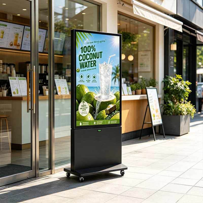 Dual-Sided Battery Powered Outdoor Digital Signage with 14-Hour Runtime and Wheeled Movable Design