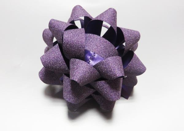 Silver and purple 3“ Plastic glittter star bow with flower and letter by hot stamp