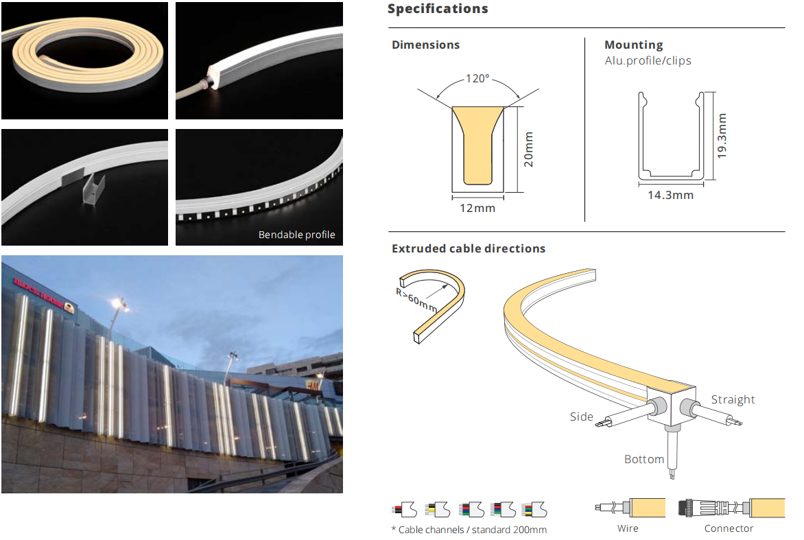 водонепроницаемость IP67 для наружного 1220 Side Bend Engineering Lighting DC24V Неонный свет Гибкая светодиодная световая лента