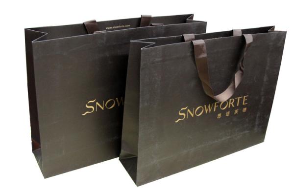 Brown matt coated Paper Carrier Bag 250gsm Strong Artpaper Offset Printing Ribbon Handle