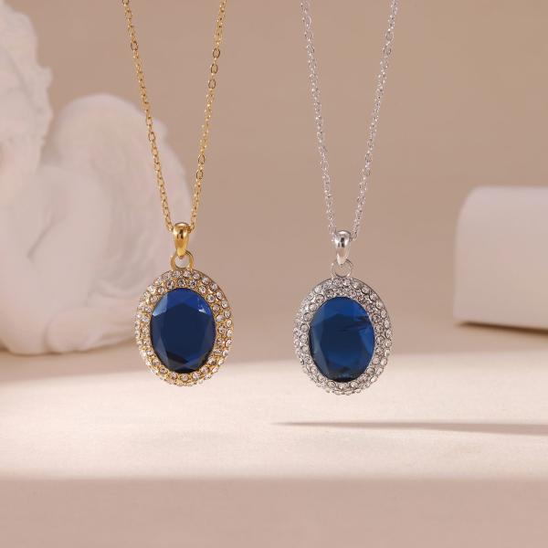 Collares para Mujer de Acero Inoxidable con Piedra Grande de Zirconia Ovalada Azul y Gemas Redondas Transparentes