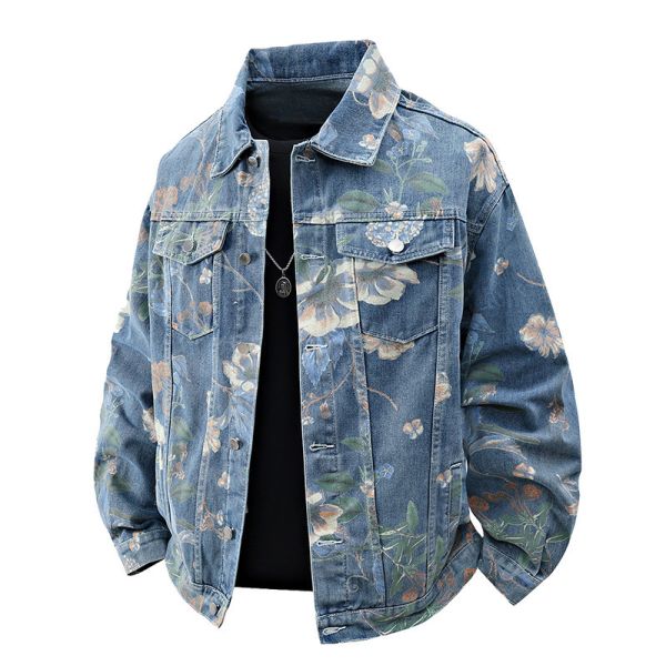 2025 Autumn Winter Button Coat Fashion Lapel Collar Long Sleeve Printed Denim Bomber Varsity Pocket Men's Tops Clothes Jacket